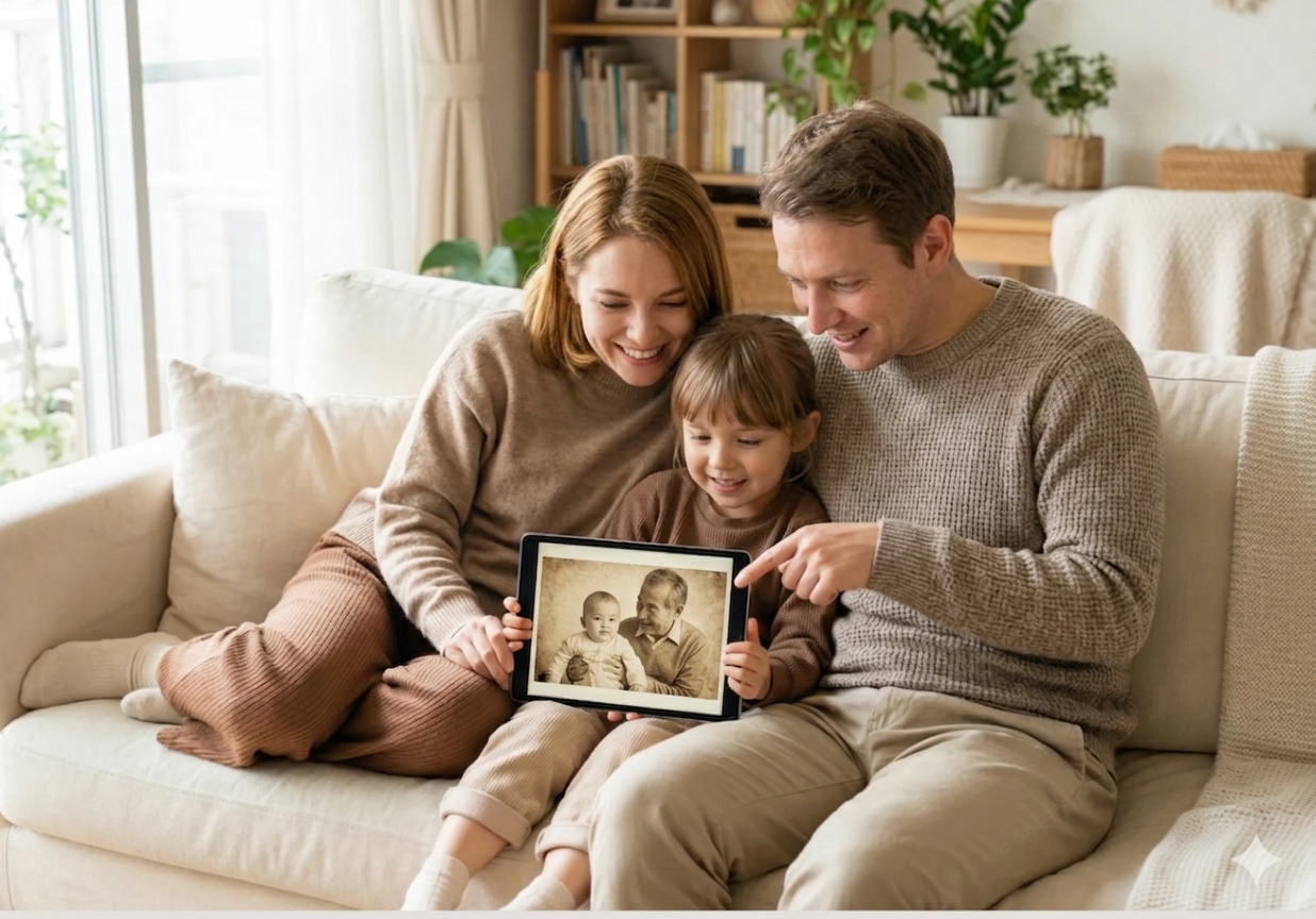 Family looking through treasured photos together on a tablet at home